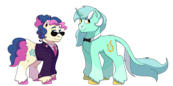 Size: 1280x640 | Tagged: safe, artist:itstechtock, bon bon, lyra heartstrings, sweetie drops, pony, bowtie, secret agent sweetie drops, simple background, sunglasses, transparent background