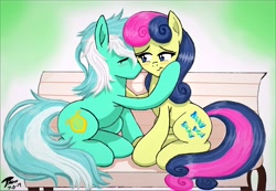 Size: 12400x8600 | Tagged: safe, artist:brekrofmadness, bon bon, lyra heartstrings, sweetie drops, pony, absurd resolution, bench, blushing, female, kissing, lesbian, lyrabon, shipping