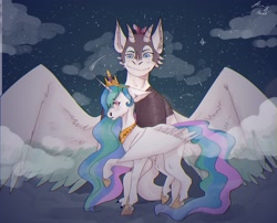 Size: 2560x2070 | Tagged: artist needed, source needed, safe, princess celestia, oc, oc:arculascrain, alicorn, dragon, pony, armor, canon x oc, celescrain, cheek fluff, ear fluff, feathered dragon, female, floppy ears, fluffy, horns, male, mare, night, open mouth, raised hoof, raised leg, sky, smiling, smirk, spread wings, stars, straight, wing fluff, wings