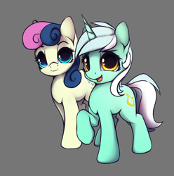Size: 1534x1544 | Tagged: safe, artist:hitbass, bon bon, lyra heartstrings, sweetie drops, earth pony, pony, unicorn, duo, female, gray background, looking at you, mare, raised hoof, simple background, smiling
