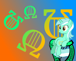 Size: 932x742 | Tagged: safe, artist:morningstar-1337, lyra heartstrings, pony, unicorn, lyre, meme, omega, sitting, sitting lyra, solo