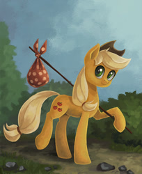 Size: 570x700 | Tagged: safe, artist:asimos, applejack, earth pony, pony, bindle, looking at you, solo