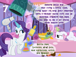 Size: 1024x768 | Tagged: safe, artist:bronybyexception, rarity, sweetie belle, pony, unicorn, advent calendar, bed, chips, doritos, food, fortnite, glowing horn, hair dryer, horn, joy boy, magic, oculus rift, overwatch, telekinesis, video game, warcraft, world of warcraft