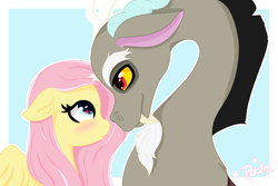 Size: 4000x2667 | Tagged: safe, artist:pastel-pony-princess, discord, fluttershy, pegasus, pony, discoshy, ear fluff, female, heart eyes, looking at each other, male, shipping, straight, wingding eyes