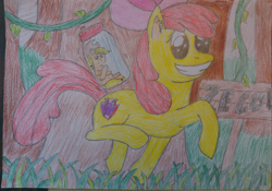 Size: 4276x2988 | Tagged: safe, artist:lordpuhadk, apple bloom, applejack, earth pony, pony, absurd file size, appletini, cutie mark, pony in a bottle, smiling, the cmc's cutie marks, traditional art