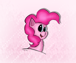 Size: 3000x2500 | Tagged: safe, artist:rainyvisualz, pinkie pie, earth pony, pony, abstract background, bust, chest fluff, happy, portrait, shading, solo