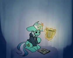 Size: 4500x3600 | Tagged: safe, artist:tallaferroxiv, lyra heartstrings, pony, unicorn, fanfic:background pony, clothes, glowing horn, hoodie, horn, levitation, lyre, magic, sheet music, solo, telekinesis