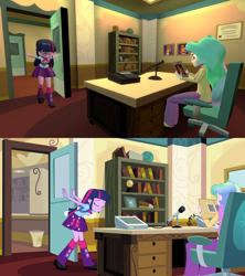 Size: 1600x1800 | Tagged: safe, artist:sketchmcreations, princess celestia, principal celestia, twilight sparkle, equestria girls, equestria girls (movie), 3d, bowing, celestia's office, comparison, gmod, office, scene interpretation