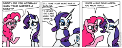 Size: 944x376 | Tagged: safe, artist:gingerfoxy, pinkie pie, rarity, pony, unicorn, pony comic generator, comic, implied sweetie bot