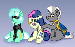 Size: 3800x2400 | Tagged: safe, artist:witchtaunter, bon bon, lyra heartstrings, sweetie drops, oc, oc:scope, earth pony, pony, unicorn, clothes, commission, facehoof, female, frown, male, mare, necktie, rope, secret agent sweetie drops, shirt, sitting, stallion, suit, sunglasses, tail wrap, watch, wristwatch