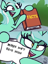 Size: 449x600 | Tagged: safe, artist:quarium edits, lyra heartstrings, pony, book, cute, exploitable meme, facts, female, implied futa, lidded eyes, lyra's fact book, mare, meme, smiling, truth, twilight's fact book