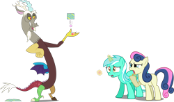 Size: 3283x1927 | Tagged: safe, artist:draikjack, artist:osipush, artist:scourge707, artist:wolfie-blitz, edit, editor:slayerbvc, bon bon, discord, lyra heartstrings, sweetie drops, draconequus, earth pony, pony, unicorn, angry, blank flank, breaking the fourth wall, candy, cutie mark, cutie mark theft, discord being discord, female, food, hard candy, magic, male, mare, simple background, transparent background, vector, vector edit, wrapper