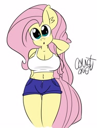 Size: 1899x2500 | Tagged: safe, artist:comet0ne, fluttershy, anthro, arm behind head, breasts, clothes, curvy, digital art, female, hootershy, shorts, sketch, tanktop