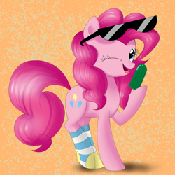 Size: 2000x2000 | Tagged: safe, artist:songbirdserenade, pinkie pie, earth pony, pony, abstract background, clothes, cute, female, food, happy, hoof hold, looking at you, mare, one eye closed, popsicle, raised hoof, simple background, socks, solo, striped socks, sunglasses, wink