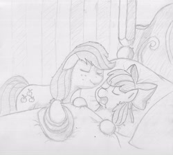 Size: 3684x3306 | Tagged: safe, artist:periodicbrony, apple bloom, applejack, earth pony, pony, bed, drool, eyes closed, monochrome, open mouth, sisters, sleeping, snoring, traditional art