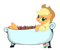 Size: 631x534 | Tagged: safe, applejack, earth pony, pony, apple, bath, food, looking at you, simple background, solo, that pony sure does love apples, transparent background, zap apple