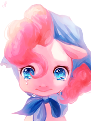 Size: 600x800 | Tagged: safe, artist:19ham, pinkie pie, pony, bonnet, crying, hood, simple background, solo, white background