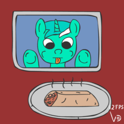 Size: 800x800 | Tagged: safe, artist:vohd, lyra heartstrings, pony, unicorn, animated, burrito, food, frame by frame, microwave, nuzzling, simple background, solo, tongue out, underhoof, you spin me right round