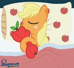 Size: 2273x2097 | Tagged: safe, artist:stargrazer, applejack, earth pony, pony, apple, bed, plushie, sleeping, that pony sure does love apples