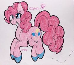 Size: 1024x891 | Tagged: safe, artist:splashy-roo, pinkie pie, pony, happy, pronking, solo, traditional art