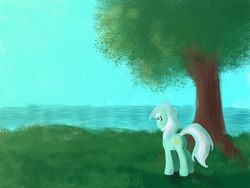 Size: 1600x1200 | Tagged: safe, artist:taika403, lyra heartstrings, pony, butt, female, mare, ocean, plot, scenery, tree, water