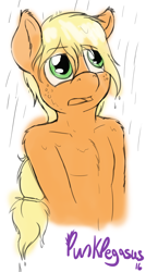 Size: 1026x1920 | Tagged: safe, artist:punk-pegasus, applejack, anthro, 30 minute art challenge, bare chest, open mouth, rain, solo