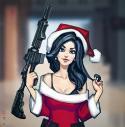 Size: 2969x3000 | Tagged: safe, artist:vombavr, rarity, human, ar15, bra, christmas, clothes, gun, hat, holiday, human coloration, humanized, natural hair color, santa hat, solo, trigger discipline, underwear, weapon