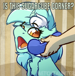 Size: 637x639 | Tagged: safe, artist:witchtaunter, edit, editor:undeadponysoldier, lyra heartstrings, human, pony, unicorn, series:spikebob scalepants, big pink loser, caption, chest fluff, cute, female, image macro, implied sugarcube corner, mare, meme, open mouth, phone, ponified animal photo, reference, spongebob squarepants, text, yes this is dog