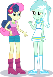 Size: 1964x2845 | Tagged: safe, artist:phucknuckl, edit, bon bon, lyra heartstrings, sweetie drops, equestria girls, accessories, accessory swap, belt, boots, bow, bowtie, closed mouth, clothes, clothes swap, cutie mark, cutie mark clothes, dress, female, headband, jewelry, looking at each other, necklace, pants, pocket, shadow, shirt, shoes, shorts, simple background, socks, standing, standing up, top, transparent background, vector, vector edit, woman