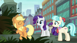 Size: 1920x1080 | Tagged: safe, screencap, applejack, coco pommel, rarity, earth pony, pony, unicorn, made in manehattan, applejack's hat, bronclyn, coco's apartment building, cowboy hat, eyes closed, female, grass, hat, manehattan, mare, overgrown, park, raised hoof, skyscraper