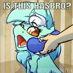 Size: 640x638 | Tagged: safe, artist:witchtaunter, edit, editor:undeadponysoldier, lyra heartstrings, human, pony, unicorn, caption, chest fluff, cute, female, hasbro, image macro, lyrabetes, mare, meme, open mouth, phine, ponified animal photo, text, watermark, yes this is dog