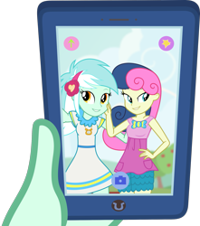 Size: 1803x2036 | Tagged: safe, artist:phucknuckl, bon bon, lyra heartstrings, sweetie drops, equestria girls, accessories, apple, apple tree, arrow, bedroom eyes, belt, blurry, blurry background, bow, bowtie, camera, cellphone, clothes, cloud, cloudy, cutie mark, cutie mark clothes, dress, female, food, grass, grass field, hand behind back, hand on hip, happy, headband, hill, holding, horseshoes, jewelry, necklace, open mouth, outdoors, phone, pocket, selfie, shirt, simple background, sky, smiling, symbol, technology, teeth, top, touching face, transparent background, tree, vector, wall of tags, woman