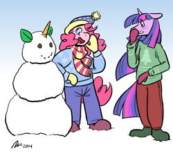 Size: 1280x1173 | Tagged: safe, artist:rwl, derpibooru import, pinkie pie, twilight sparkle, anthro, clothes, female, lesbian, shipping, snow, snowman, twinkie, winter