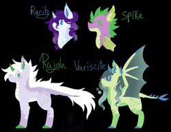 Size: 1017x786 | Tagged: safe, artist:lepiswerid, rarity, spike, oc, oc:rajah, oc:variscite, dracony, dragon, hybrid, pony, unicorn, black background, female, interspecies offspring, male, marsverse, offspring, parent:rarity, parent:spike, parents:sparity, shipping, simple background, sparity, straight