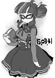 Size: 748x1057 | Tagged: safe, artist:nekubi, derpibooru import, sci-twi, twilight sparkle, equestria girls, book, clothes, dress, glasses, grayscale, monochrome, solo