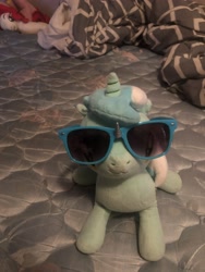 Size: 3024x4032 | Tagged: safe, artist:undeadponysoldier, cherry jubilee, lyra heartstrings, pony, unicorn, bed, blanket, cute, looking at you, lyrabetes, sunglasses, swag