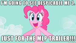 Size: 610x343 | Tagged: safe, edit, edited screencap, screencap, pinkie pie, pony, my little pony: the movie, the best night ever, despicable me, despicable me 3, excited, hype, image macro, meme, solo, trailer