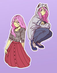 Size: 2494x3151 | Tagged: safe, artist:overlordneon, fluttershy, equestria girls, bandage, beautiful, clothes, dress, hoodie, pants, shoes, simple background, smiling, solo, sweater