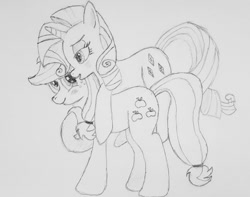 Size: 2000x1576 | Tagged: safe, artist:darelith, applejack, rarity, earth pony, pony, unicorn, cute, female, lesbian, mare, monochrome, newbie artist training grounds, rarijack, shipping, sketch, traditional art