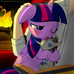 Size: 1500x1500 | Tagged: safe, artist:ponyecho, derpibooru import, smarty pants, twilight sparkle, twilight sparkle (alicorn), oc, oc:anon, alicorn, human, pony, bedroom eyes, blushing, book, cuddling, cute, ear scratch, female, fire, fireplace, floppy ears, holding a pony, hug, human on pony action, human on pony snuggling, interspecies, mare, petting, plushie, pony pet, ponyecho is trying to murder us, reading, scratching, show accurate, sleeping, smiling, snuggling, solo, twiabetes, twilove, weapons-grade cute, wink