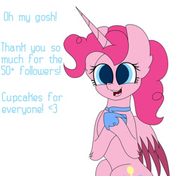 Size: 1280x1280 | Tagged: safe, artist:tomboygirl45, pinkie pie, alicorn, pony, alicornified, ask, colored wings, happy, milestone, multicolored wings, pinkiecorn, princessponk, race swap, simple background, solo, tumblr, white background, xk-class end-of-the-world scenario