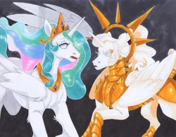 Size: 3262x2533 | Tagged: safe, artist:frozensoulpony, princess celestia, oc, oc:antumbra, alicorn, pony, armor, female, high res, mother and child, mother and daughter, parent and child, traditional art