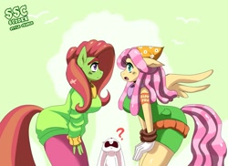 Size: 1681x1222 | Tagged: safe, artist:traupa, angel bunny, fluttershy, tree hugger, anthro, earth pony, pegasus, alternate hairstyle, big breasts, breasts, busty tree hugger, clothes, female, hootershy, looking at each other, mane swap, mare, question mark, smiling, sudden style change