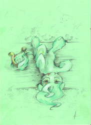 Size: 1652x2268 | Tagged: safe, artist:alexandrvirus, lyra heartstrings, pony, grass, leonine tail, limited palette, looking at you, lyre, musical instrument, on back, signature, smiling, solo, tongue out, traditional art, unshorn fetlocks