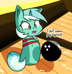 Size: 1993x2051 | Tagged: safe, artist:artiks, lyra heartstrings, object pony, original species, unicorn, bowling, bowling ball, bowling pin, bust, cheek fluff, chest fluff, dialogue, ear fluff, female, frown, horn, mare, open mouth, ponified, scared, solo, this will end in pain, this will end in tears, wat, wide eyes