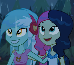 Size: 1220x1080 | Tagged: safe, screencap, bon bon, lyra heartstrings, sweetie drops, better together, equestria girls, let it rain, adorabon, background human, beautiful, cropped, cute, female, hand on shoulder, happy, lyrabetes, rain, shipping fuel, wet hair