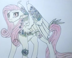 Size: 835x676 | Tagged: safe, artist:evergreen-gemdust, fluttershy, bat pony, pony, fangs, flower, flutterbat, race swap, simple background, slit eyes, solo, traditional art