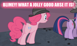 Size: 1068x650 | Tagged: safe, derpibooru import, edit, edited screencap, screencap, pinkie pie, twilight sparkle, earth pony, pony, bowler hat, britpie insults, butt, caption, female, hat, image macro, lesbian, mare, meme, plot, shipping, twinkie, vulgar