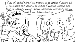 Size: 1200x675 | Tagged: safe, artist:pony-berserker, rarity, crab, pony, unicorn, pony-berserker's twitter sketches, black and white, female, giant crab, grayscale, guild of calamitous intent, i can't believe it's not idw, mare, monochrome, nonchalant, rarity fighting a giant crab, sewing machine, signature, simple background, sketch, speech bubble, the venture bros., white background