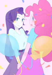 Size: 2370x3444 | Tagged: safe, artist:yuck, pinkie pie, rarity, equestria girls, balloon, blushing, colored pupils, confetti, female, holding hands, lesbian, looking at each other, pink background, raripie, shipping, simple background, smiling